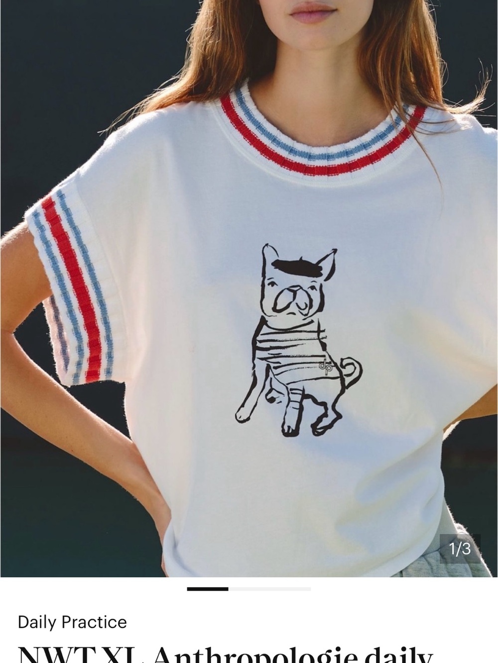 Anthropologie White Tee with Black Frenchie Print and Red & Blue Stripe Trim